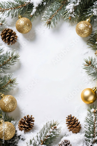 Festive christmas frame with pine branches, gold ornaments, and snowy pinecones, Christmas and New Year celebration