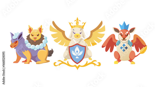 Three stylized mythical creatures with distinct crowns and shields representing different fantasy elements and kingdoms set against a black background