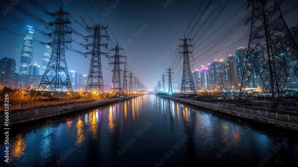 Fototapeta premium Dramatic cityscape with electricity pylons reflecting in the calm river