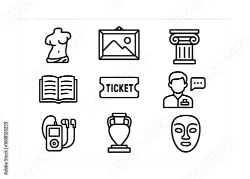 Museum icons collection featuring art, sculpture, ticket, and audio guide