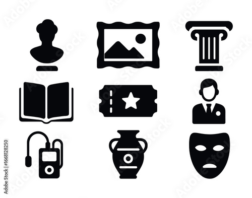 Cultural and artistic icons: sculpture, painting, architecture, books, tickets, portrait, audio guide, vase, theater mask