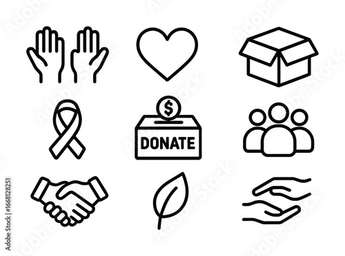 Charity and community icons: hands, heart, box, ribbon, donation, group, handshake, leaf