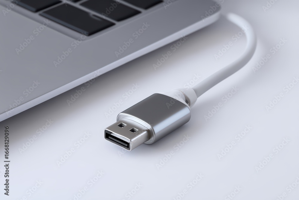 Fototapeta premium Close-up of USB Cable Connected to Laptop Featuring Silver Connector and White Cord
