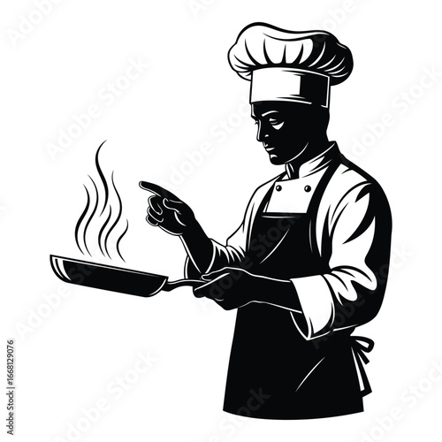 Skilled chef in uniform cooking with frying pan and steam culinary artistry silhouette