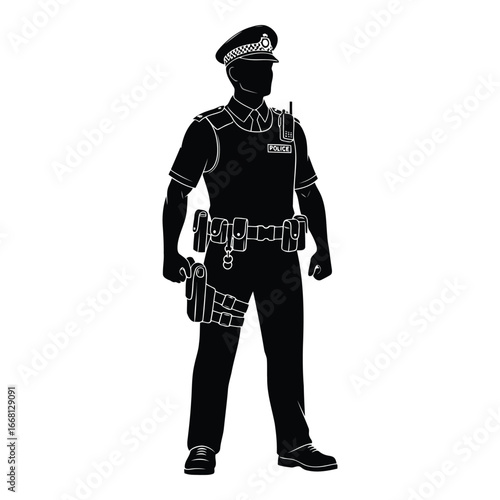 Silhouette of a police officer with a gun and duty belt standing alert ready for action and duty. silhouette