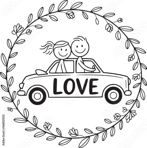 Romantic road trip: A charming illustration depicts a couple on a road trip, united in love and surrounded by a wreath of foliage, the word LOVE inscribed on the car.