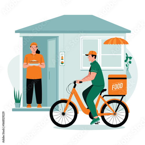 Food delivery scene showing a delivery man on a bicycle and a woman holding a plate by a house door