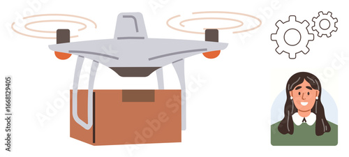 Quadcopter flying with box for delivery, user portrait representing client, and gear symbols for customization. Ideal for technology, logistics, e-commerce, customer support, automation, innovation