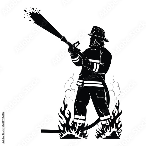 Brave firefighter dousing flames with powerful water hose in dramatic silhouette style silhouette
