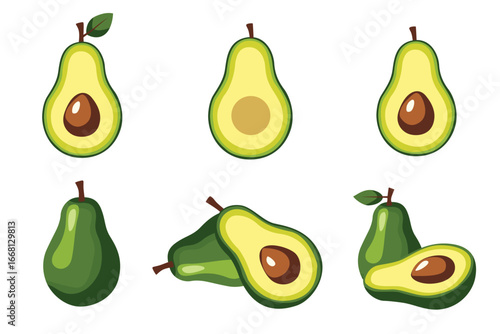 Flat vector illustration of avocados, whole and half cut with seed, fresh tropical fruit design isolated on white background