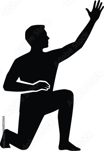 Vector art of the silhouette of a man kneeling with one arm raised