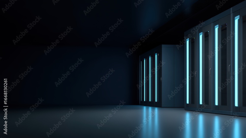 Naklejka premium Dark Server Room with Illuminated Cabinets and Soft Floor Reflections in High-Tech Environment