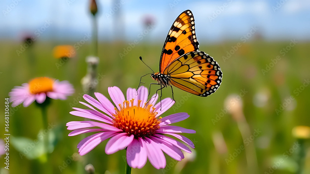 Obraz premium Orange butterfly feeding on pink flower in a sunny meadow