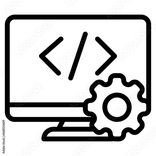Icon of code brackets with gear, ideal for software development, IT tools, or tech marketing.