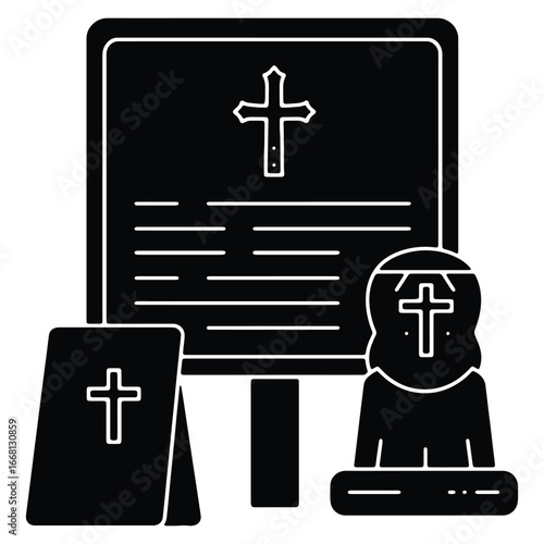 Christian faith symbols and icons featuring a cross bible and religious memorial stone for concepts of belief reverence and spiritual reflection