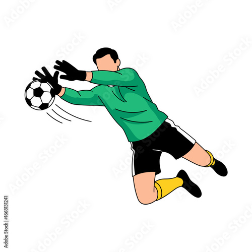 A dynamic illustration of a soccer goalkeeper diving to save the ball during a match, showcasing athleticism.