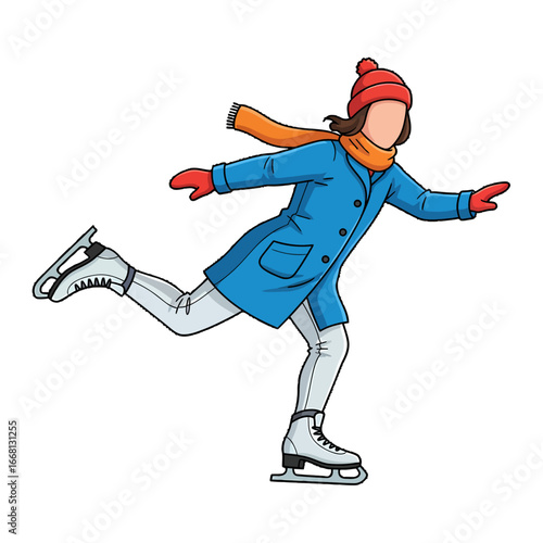 A woman ice skating in a winter scene with a hat, scarf, and gloves.