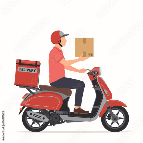 A delivery man on a red scooter holding a package with a delivery box on the back of the scooter