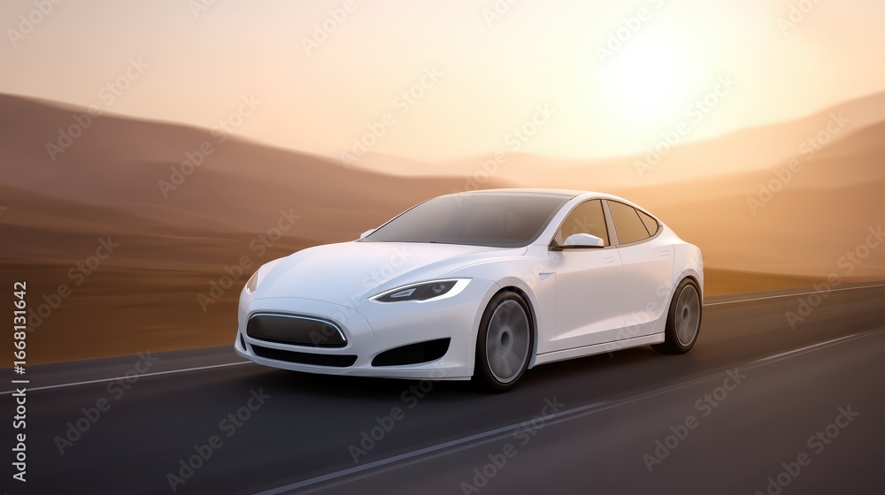 Obraz premium Sleek White Electric Sedan on Empty Road with Sunset Background in Desert Landscape