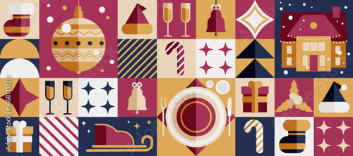 Modern flat geometric vector Christmas wallpaper with toys, socks, hats, ornaments, gifts, and holiday symbols in bright seasonal colors for festive banners design and decoration.