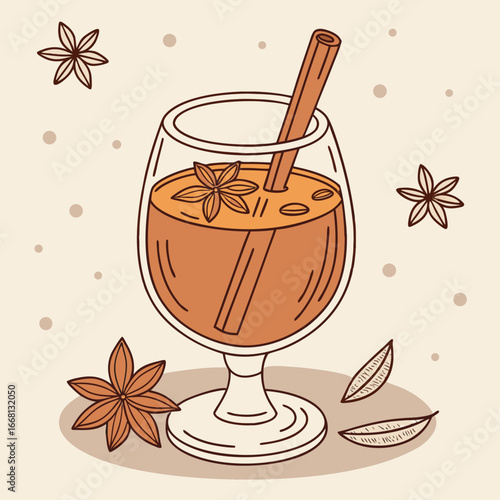 Illustration of a glass of eggnog with cinnamon stick, star anise, and steam on a beige background