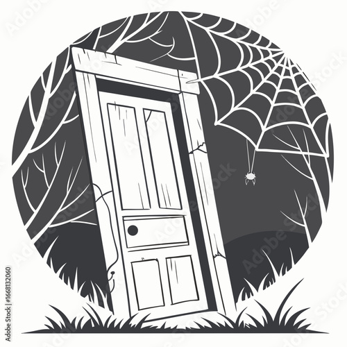 A mysterious stone doorway with a wooden door and a spiderweb in a dark, overgrown area, spooky scene