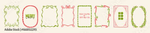 Christmas doodle frame, vector hand drawn New Year border set, winter holiday elegant decoration kit. Celebration ribbon bow wavy design, seasonal festive postcard print. Minimalist Christmas frame