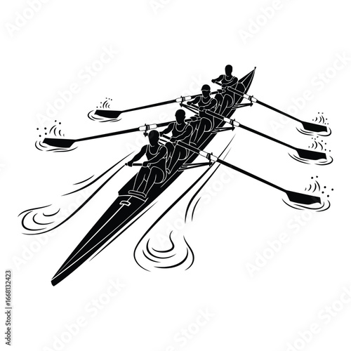 Eight person rowing team competes in a synchronized race on calm water silhouette