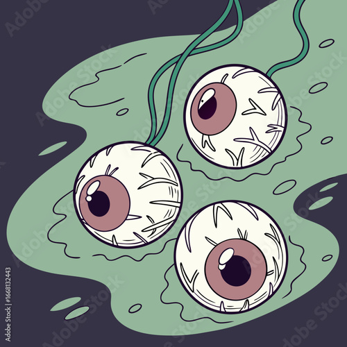 Three cartoon eyeballs with string attached floating in a green liquid with a dark background design