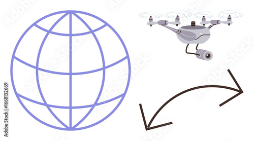 A globe, drone with camera, and curved arrows illustrating global connectivity, surveillance, and data sharing. Ideal for technology, innovation, globalization, communication security mapping