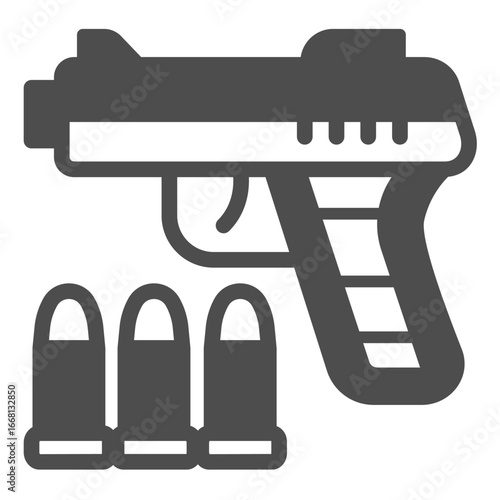 Pistol gun solid icon, police force concept. Vector graphics. Gun with three bullets, ammunition sign on white background, glyph style icon for mobile or web design.