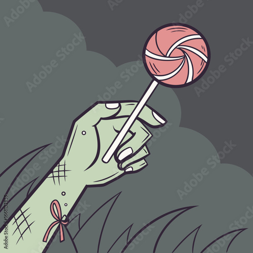 A zombie hand reaching out from the ground holding a pink and white lollipop against a cloudy sky background
