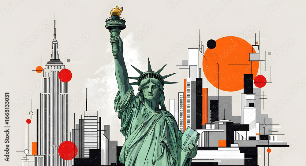 Fototapeta premium Statue of Liberty and Abstract Cityscape
