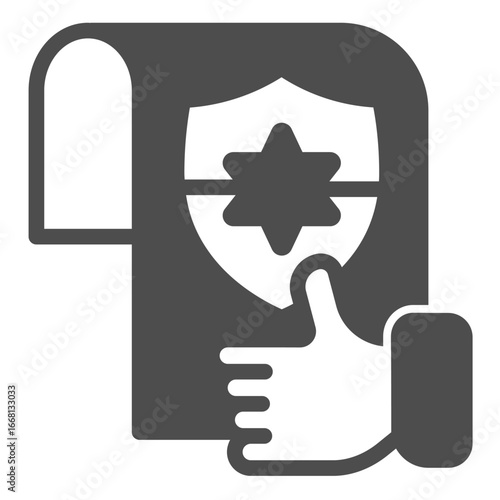 Paper with police emblem and thumb up hand solid icon, police force concept. Vector graphics. Hand with award document sign on white background, glyph style icon for mobile or web design.