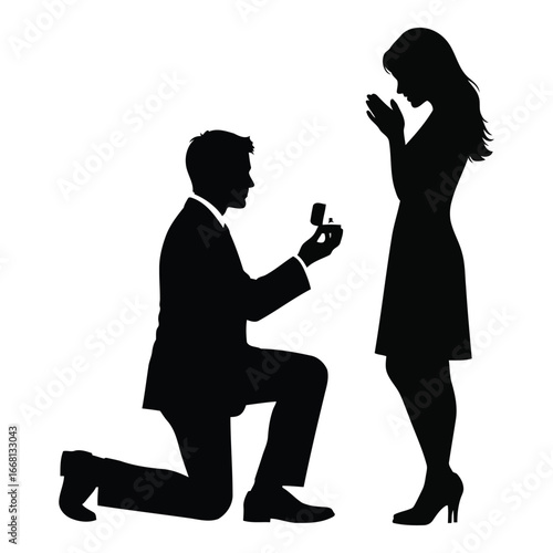 Man proposing marriage on one knee offering engagement ring to woman silhouette romantic moment silhouette