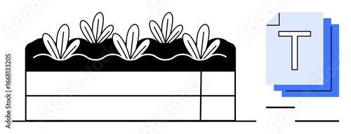 Layered soil profile with sprouting plants above ground beside typographic blocks. Ideal for gardening, cultivation, ecology, agriculture, sustainability, education, simple landing page