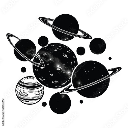 Whimsical hand-drawn planets and celestial bodies in a dynamic cosmic composition silhouette