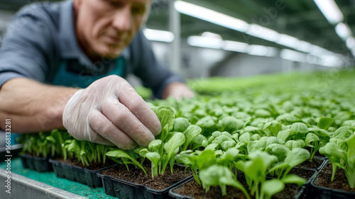 Man nurturing young seedlings in a greenhouse environment.