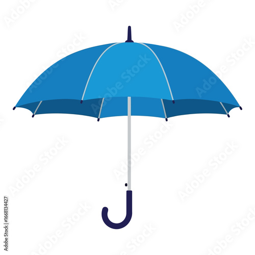 Bright blue open umbrella providing shelter from the elements with a curved handle silhouette