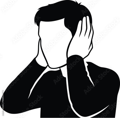 Vector art of a silhouette of a man covering his ears, representing hearing loss, noise sensitivity, or the desire for silence