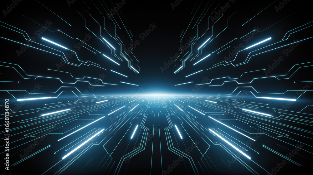 Fototapeta premium - Abstract futuristic circuit tunnel in blue neon background
