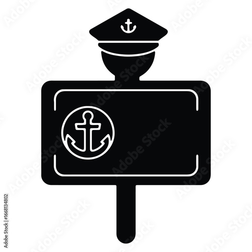 Nautical Theme Icon Black and White Illustration Featuring a Captains Hat Anchor and Signboard Perfect for Maritime Designs