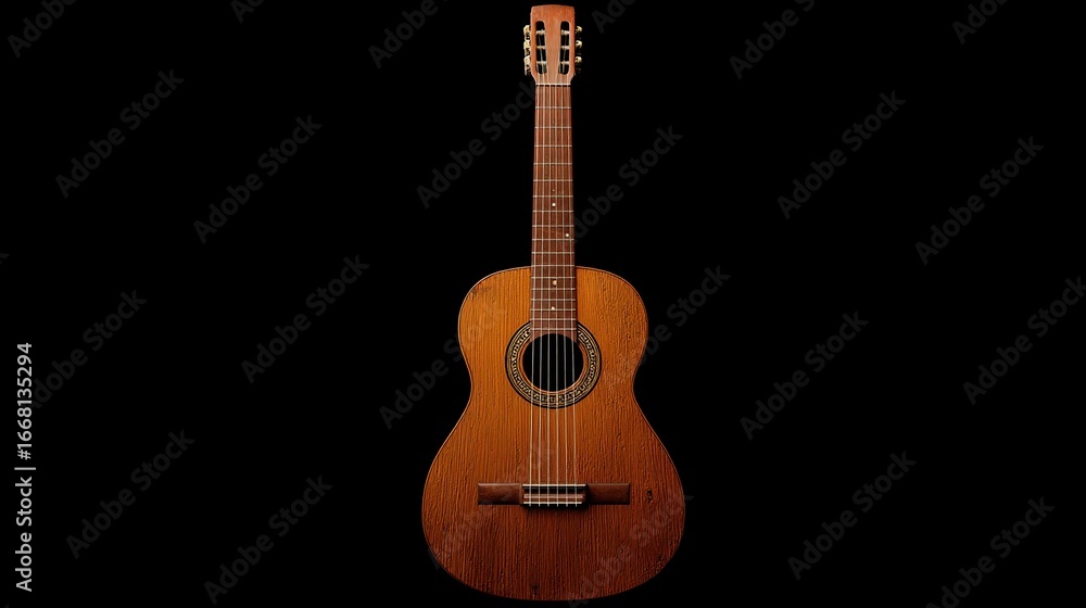 Fototapeta premium Classical guitar, strings visible, front-facing view, set against a black background
