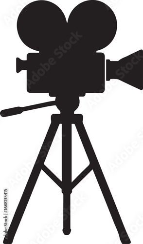 Vintage movie camera silhouette on tripod stand, classic retro film equipment icon design