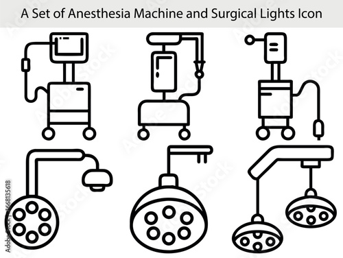 Medical equipment icons anesthesia machine surgical lights healthcare surgery