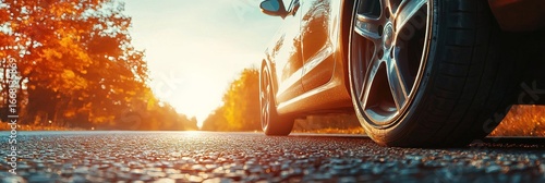 closeup side view of tires on road surface with soft autumn sunset glow. atmospheric image calmness and motion, ideal for content about personal journeys, travel freedom, safe driving tips during fall