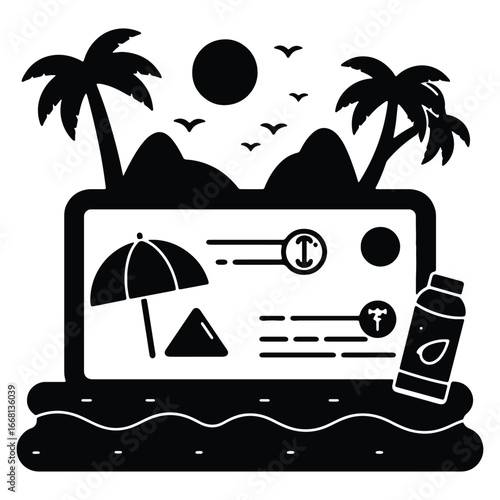 Summer vacation booking online beach paradise getaway with palm trees and sunscreen vector graphic illustration for travel website and app design promotion