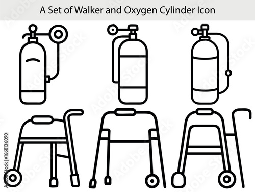 Medical mobility aids and oxygen tanks icons walker oxygen cylinder