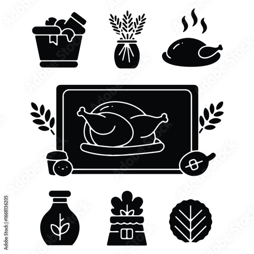 Thanksgiving dinner illustration set with turkey gravy stuffing and vegetables for holiday celebrations and festive occasions perfect for invitations