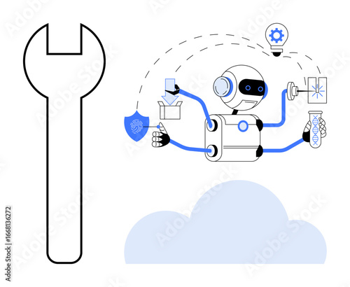 Robot with multiple arms managing tools, light bulb, shield, test tube, and mechanical gear above a cloud. Ideal for technology, AI, automation, innovation problem-solving cloud computing